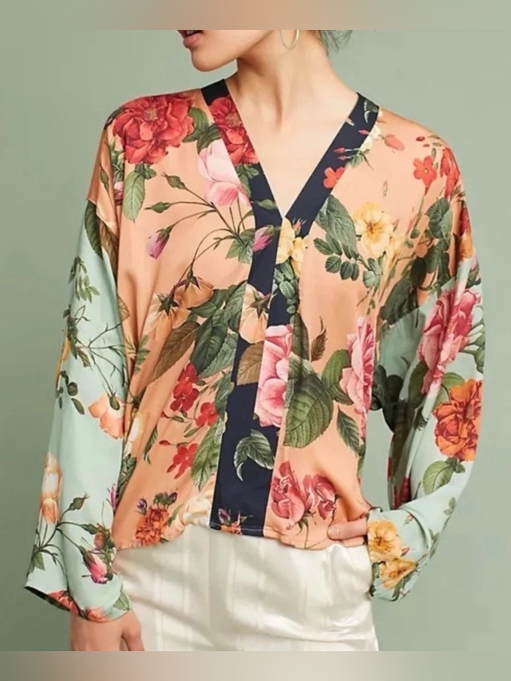 FARM Rio Floral Kimono 3/4 Length Sleeves Pullover Blouse Size M Sku# 113